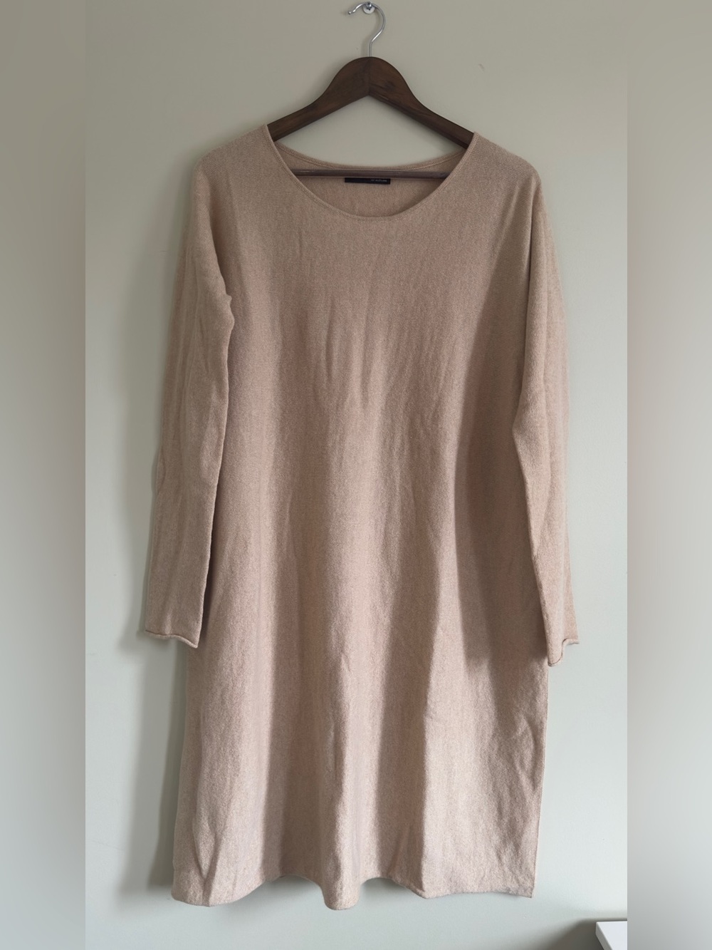 100% Scottish Cashmere Midi Boatneck Knit Dress in Light Tan
